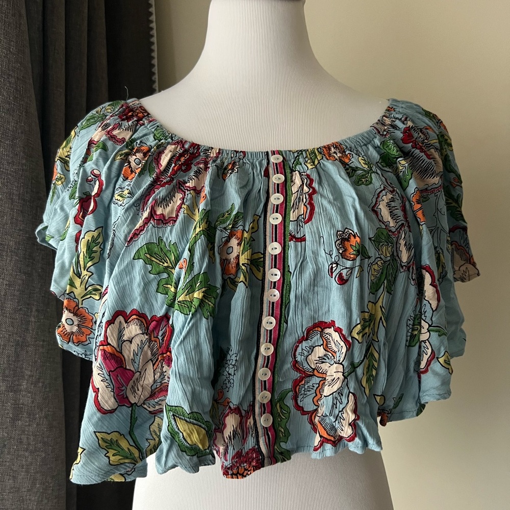 Bohemian Floral Ruffled Cotton off the shoulder Crop Top.